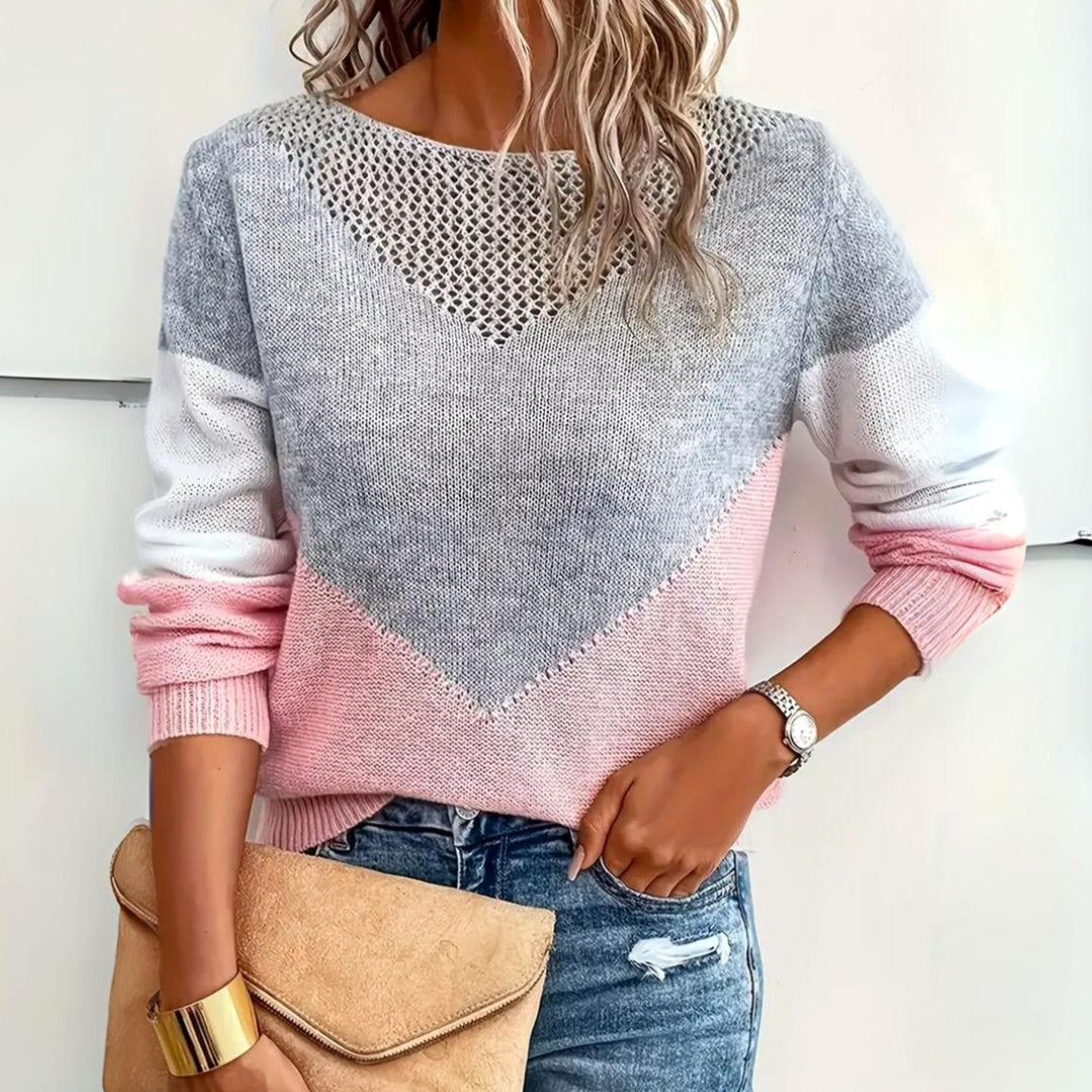 Women's Color Block Sweater Relaxed-Fit Mesh-Detail Pullover