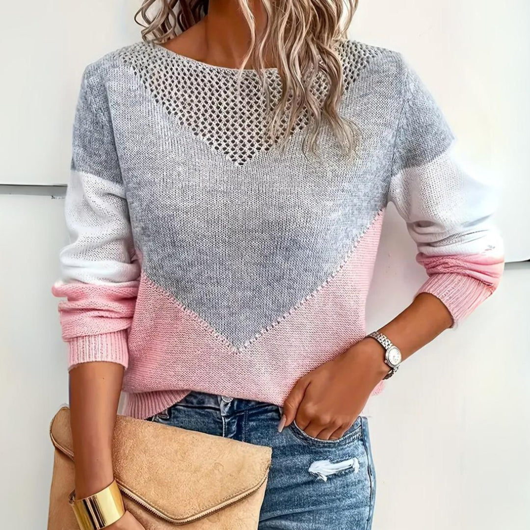Women's Color Block Sweater Relaxed-Fit Mesh-Detail Pullover - Pink