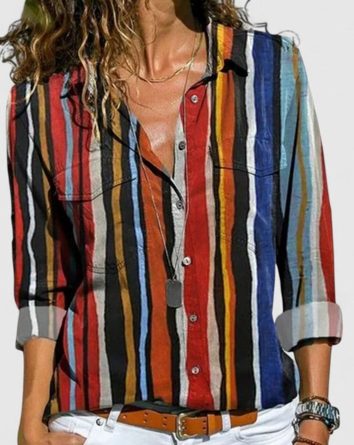 Women's Colorful Striped Button-Down Long-Sleeve Elegant Blouse