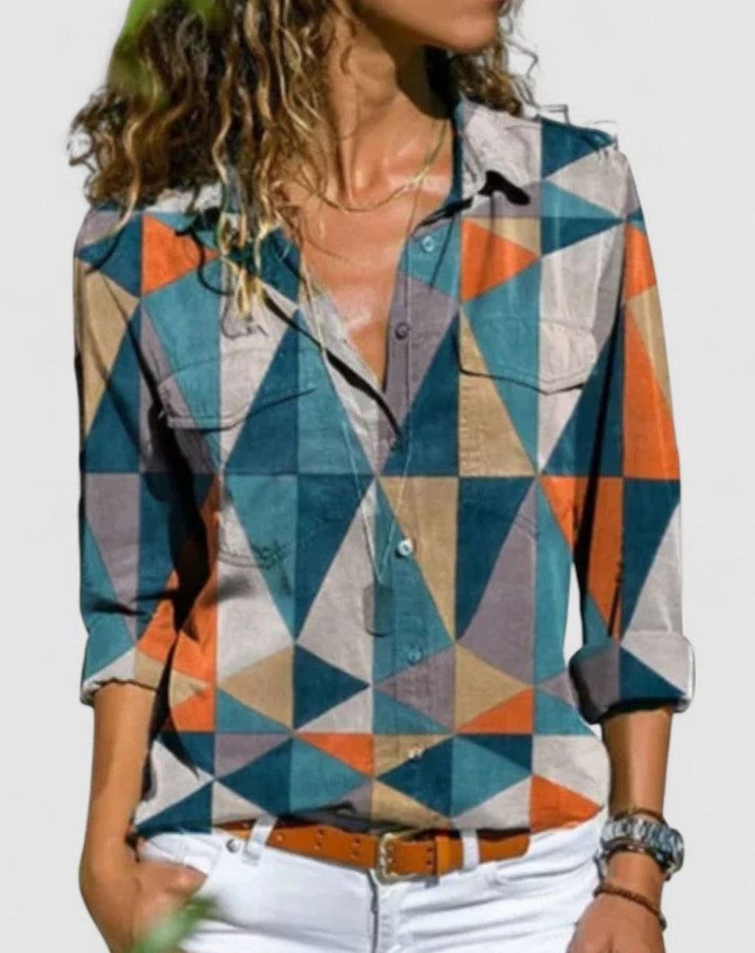 Women's Colorful Striped Button-Down Long-Sleeve Elegant Blouse - Orange