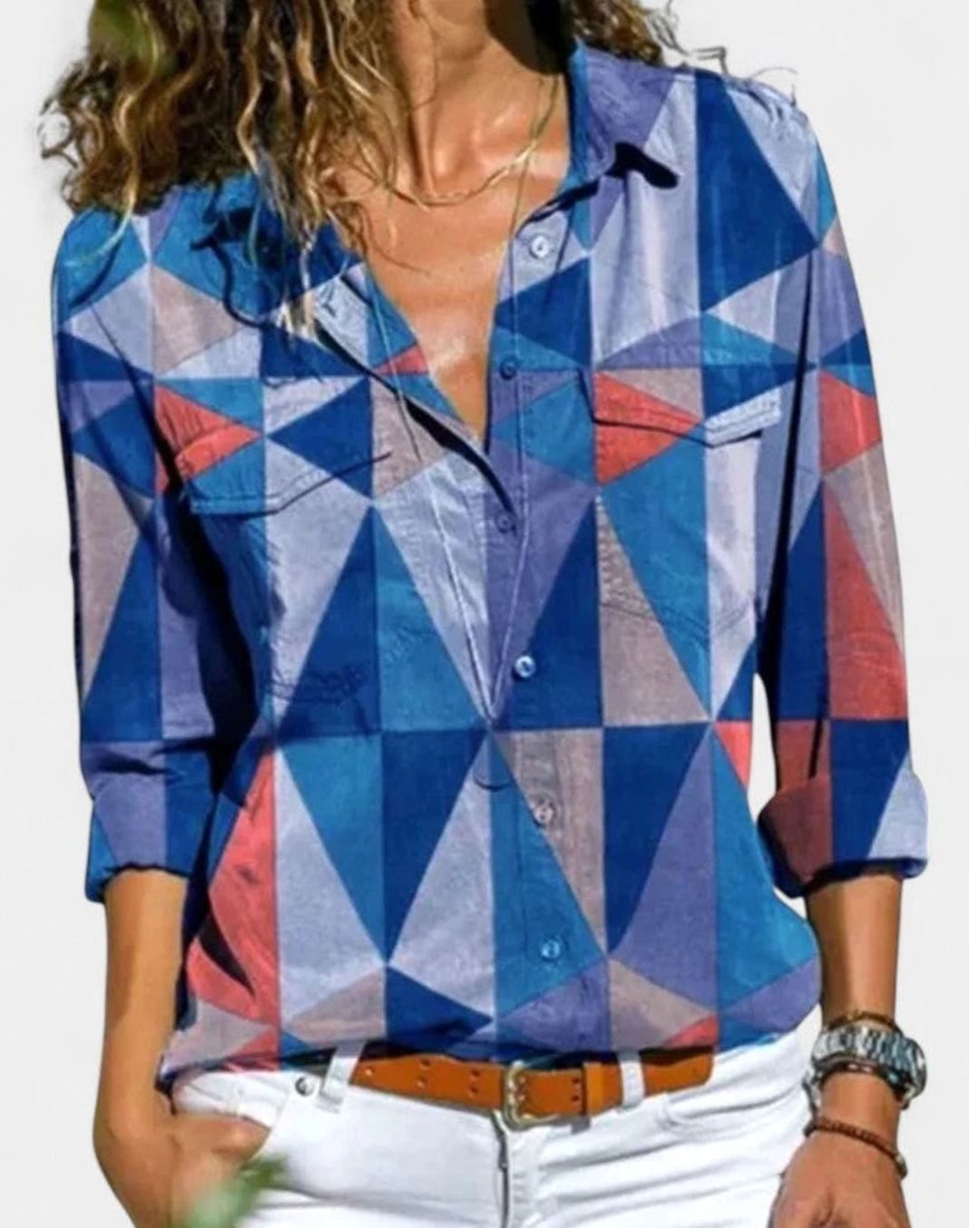 Women's Colorful Striped Button-Down Long-Sleeve Elegant Blouse - Blue