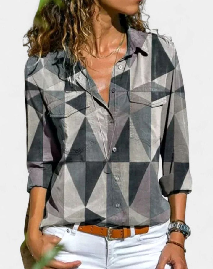 Women's Colorful Striped Button-Down Long-Sleeve Elegant Blouse - Gray