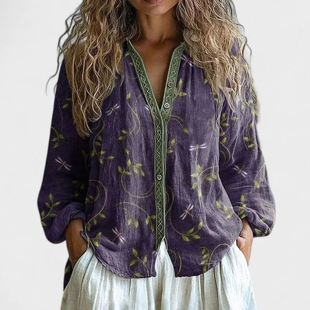 Women's Comfortable Blouse Boho Dragonfly-Print Button-Front Top - Purple