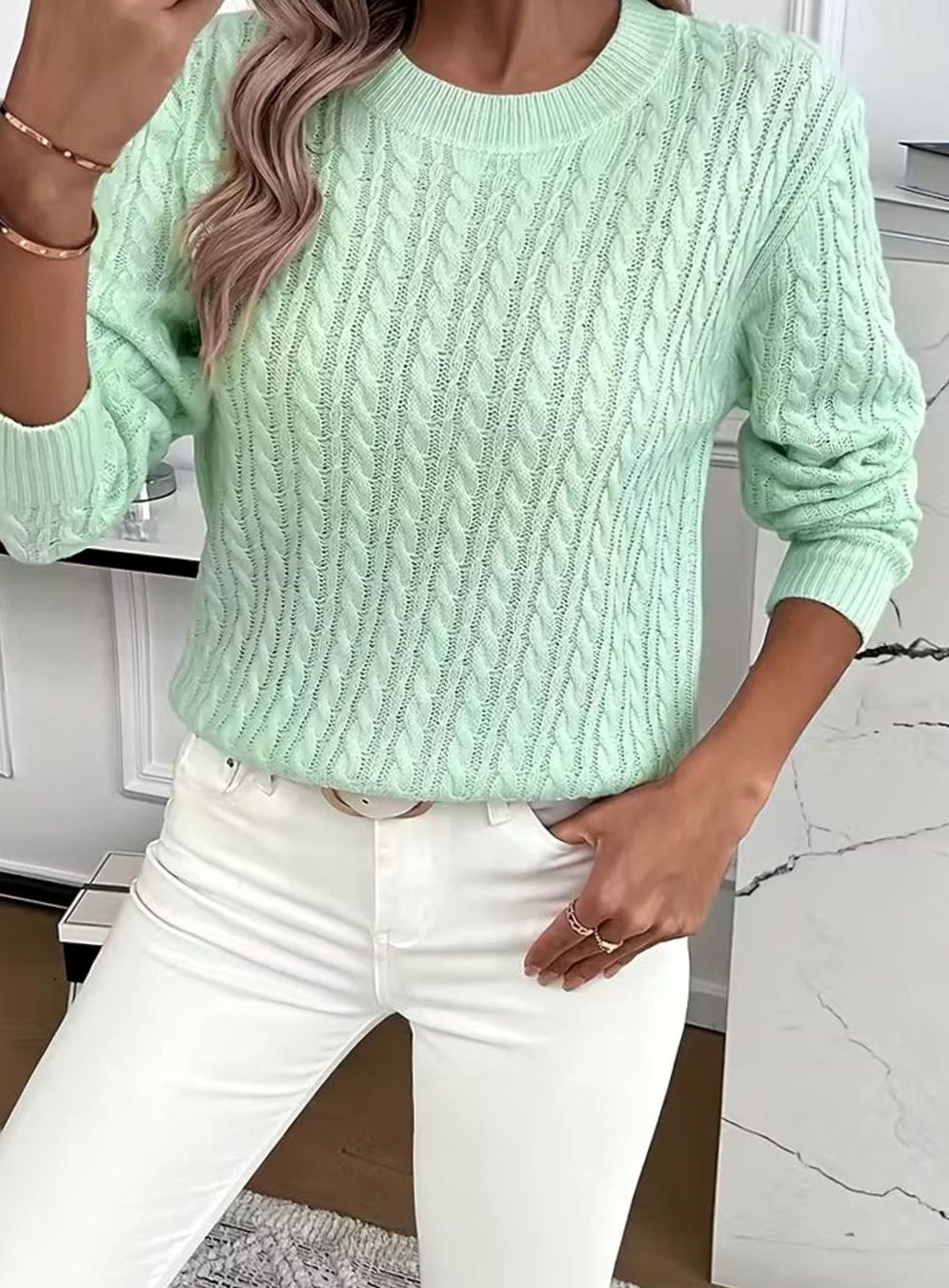 Women's Comfortable Cable-Knit Crewneck Sweater