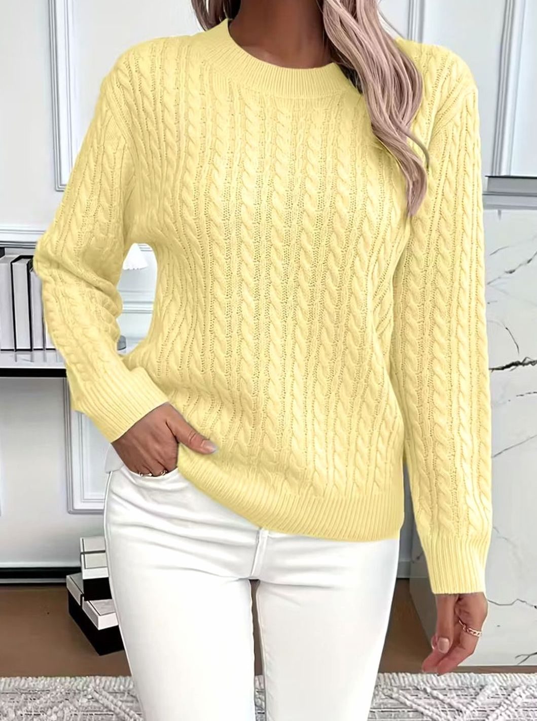 Women's Comfortable Cable-Knit Crewneck Sweater - Yellow