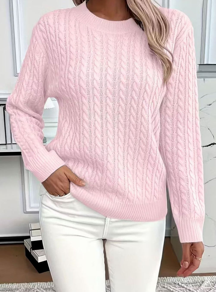 Women's Comfortable Cable-Knit Crewneck Sweater - Pink