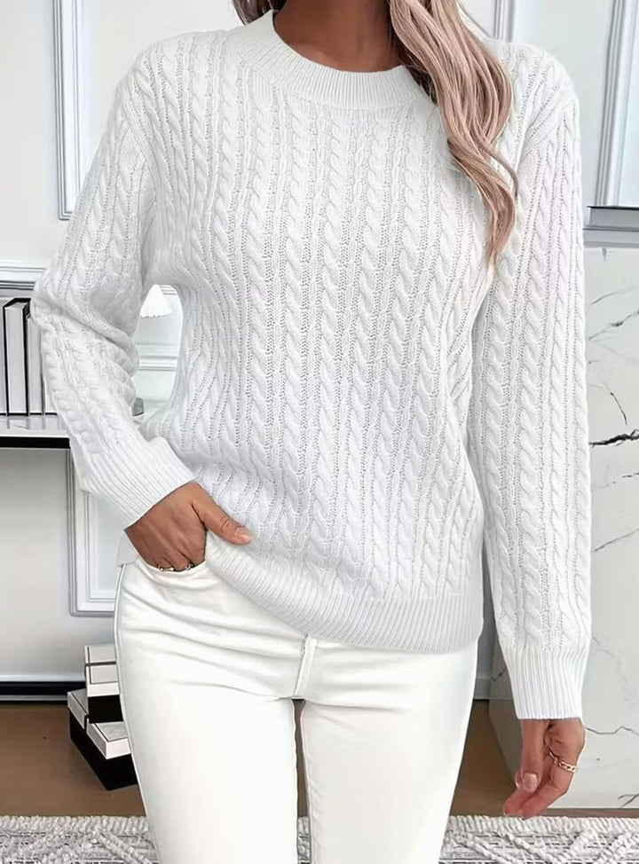 Women's Comfortable Cable-Knit Crewneck Sweater - White