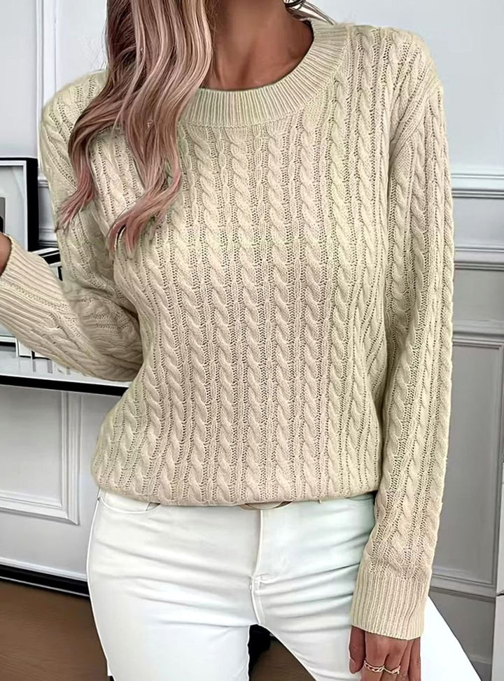 Women's Comfortable Cable-Knit Crewneck Sweater - Khaki