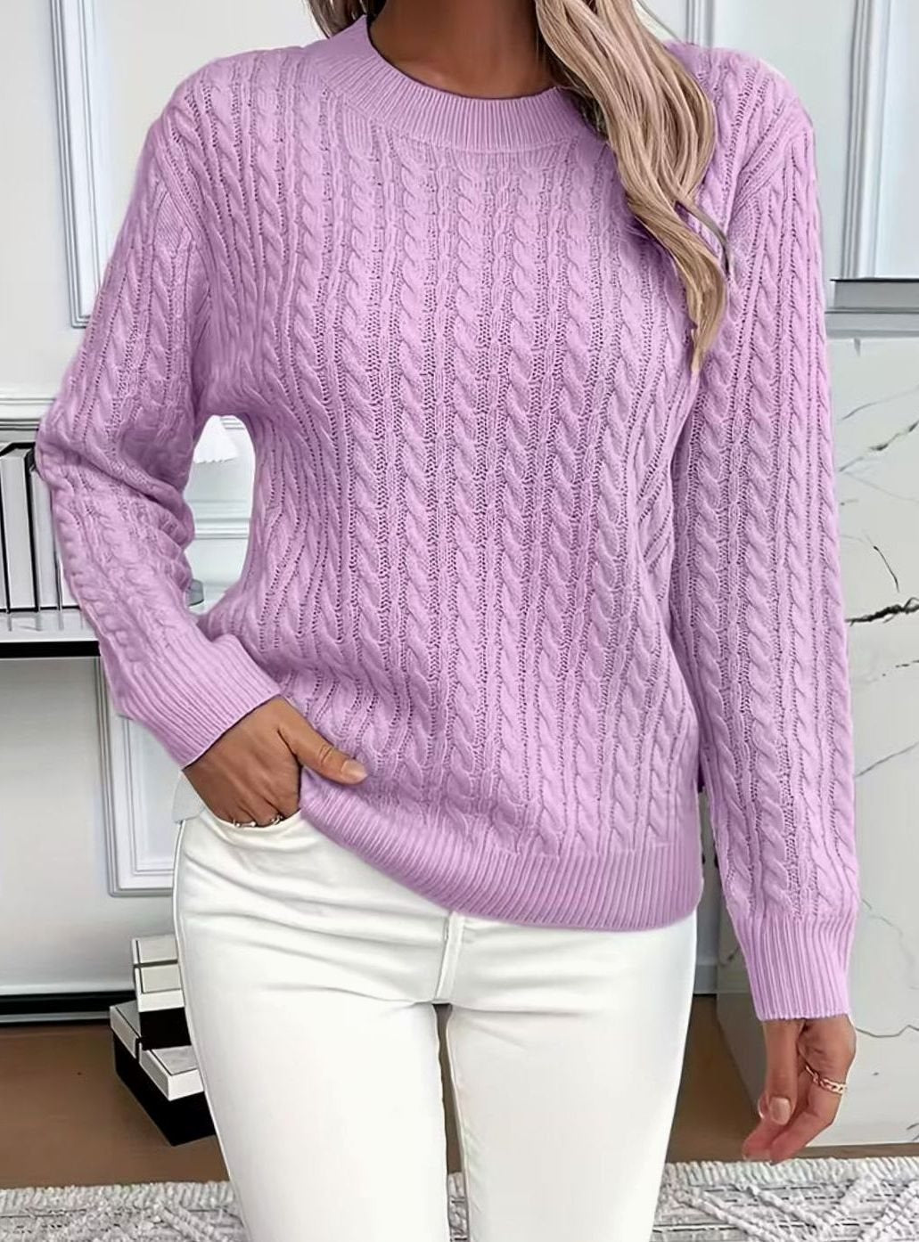 Women's Comfortable Cable-Knit Crewneck Sweater - Purple