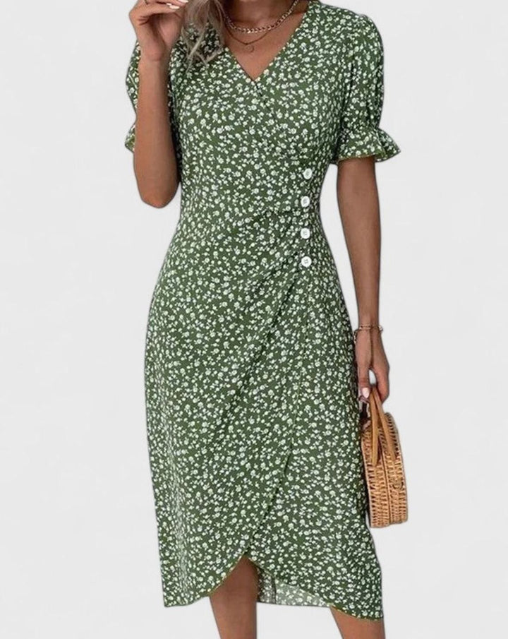 Women's Comfortable Floral Button-Front Midi Dress - Green