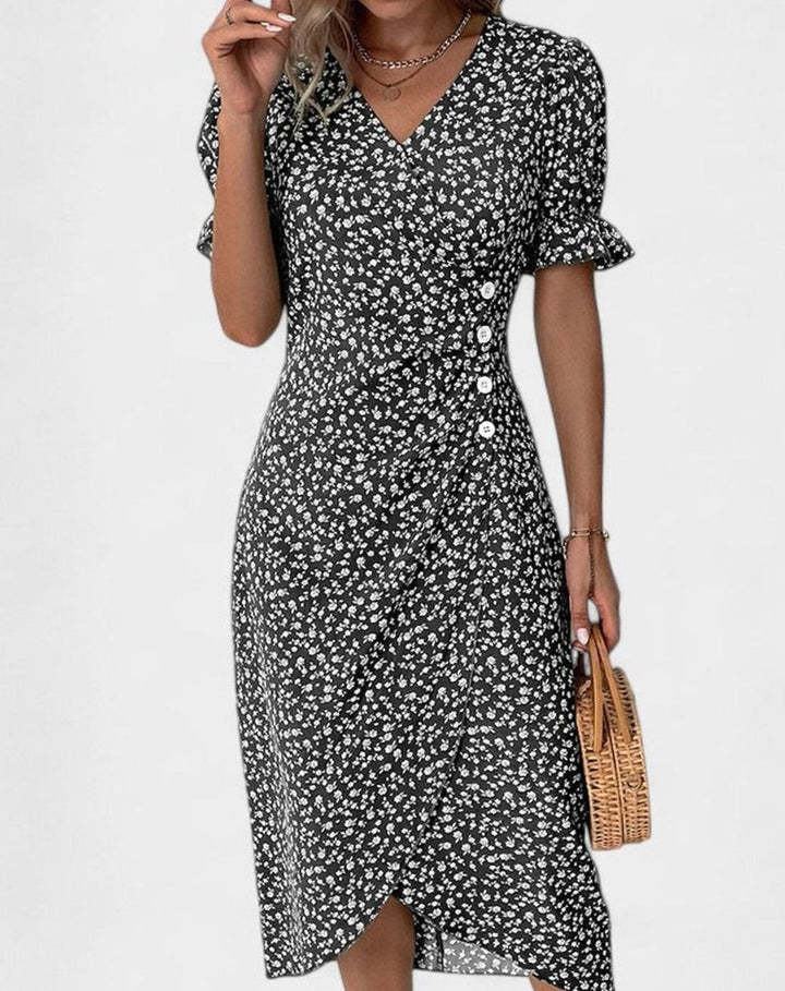 Women's Comfortable Floral Button-Front Midi Dress - Black