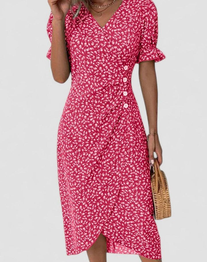 Women's Comfortable Floral Button-Front Midi Dress - Red