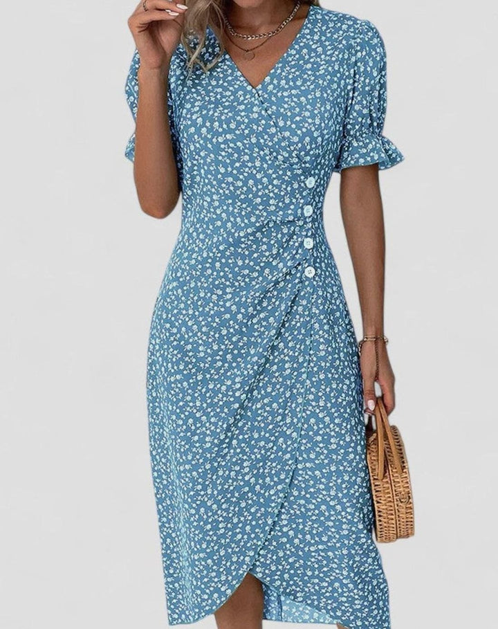Women's Comfortable Floral Button-Front Midi Dress - Blue