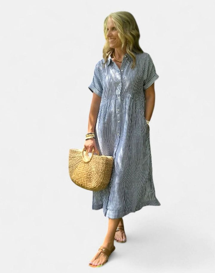 Women's Comfortable Striped Button-Down Midi Shirt Dress