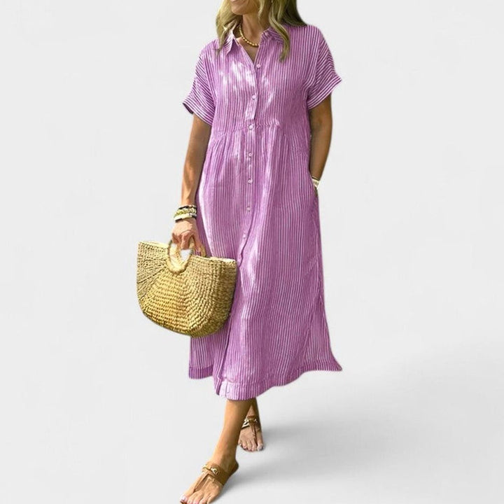 Women's Comfortable Striped Button-Down Midi Shirt Dress - Pink