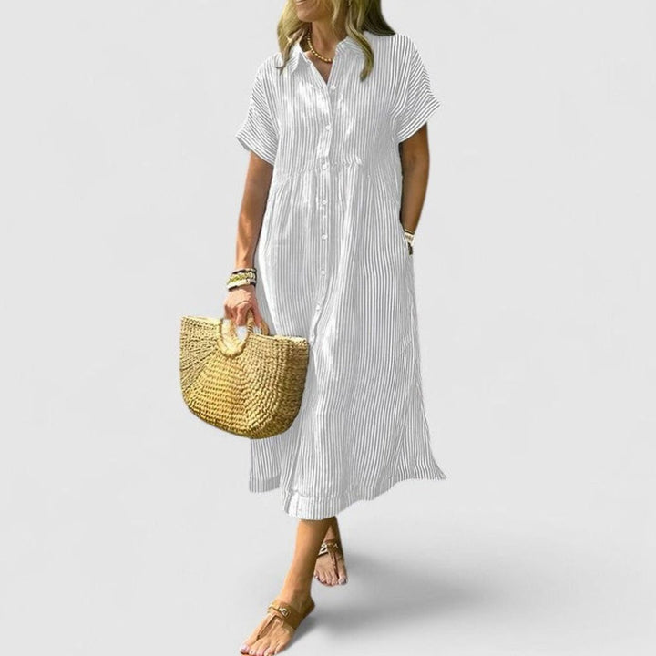 Women's Comfortable Striped Button-Down Midi Shirt Dress - White