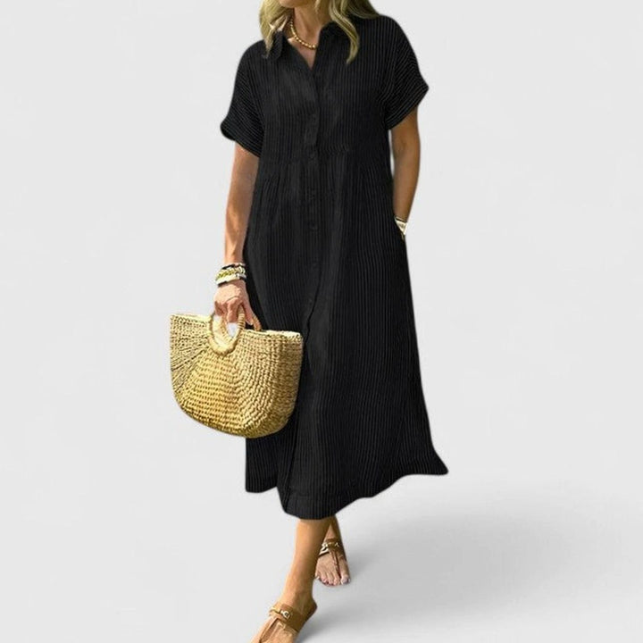Women's Comfortable Striped Button-Down Midi Shirt Dress - Black