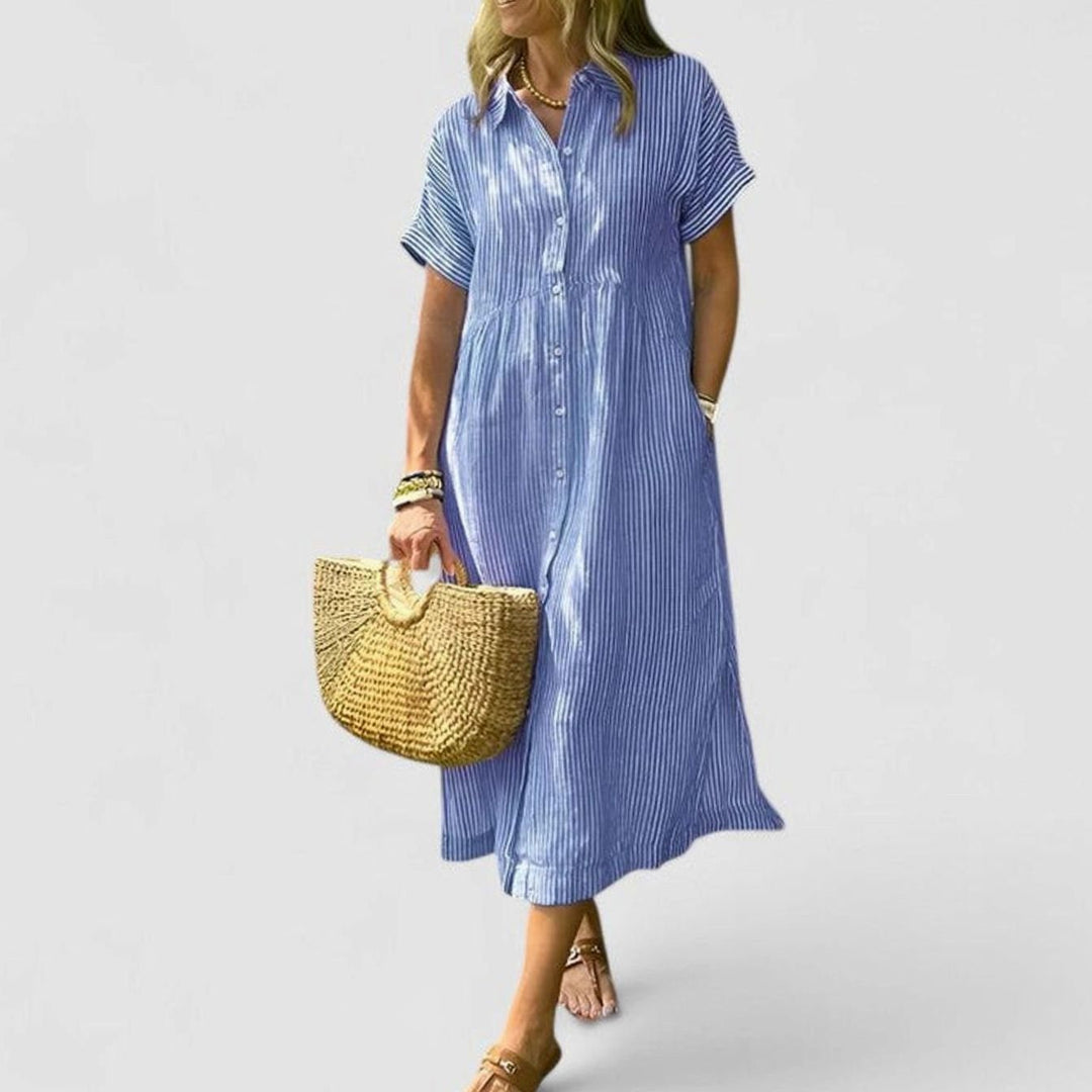 Women's Comfortable Striped Button-Down Midi Shirt Dress - Blue