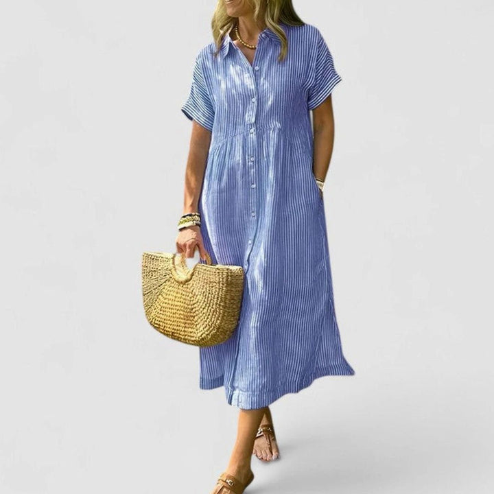 Women's Comfortable Striped Button-Down Midi Shirt Dress - Blue