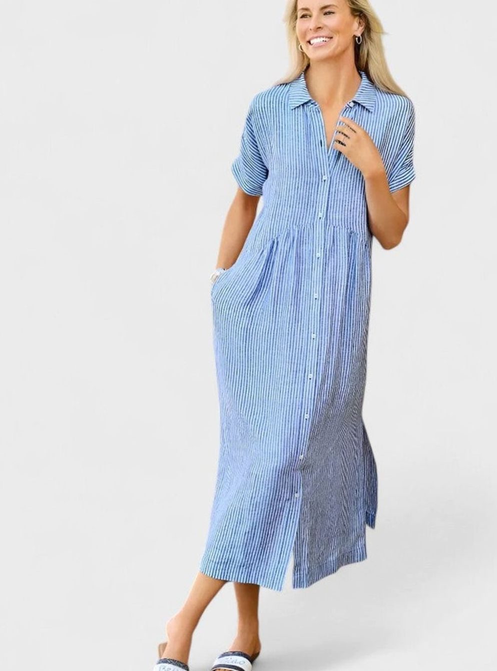 Women's Comfortable Striped Button-Down Midi Shirt Dress
