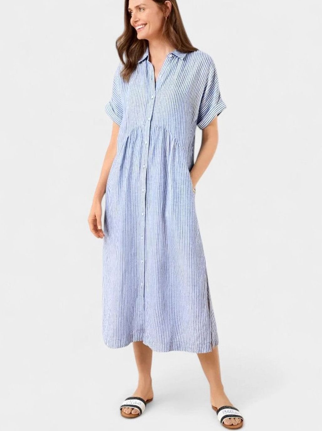 Women's Comfortable Striped Button-Down Midi Shirt Dress