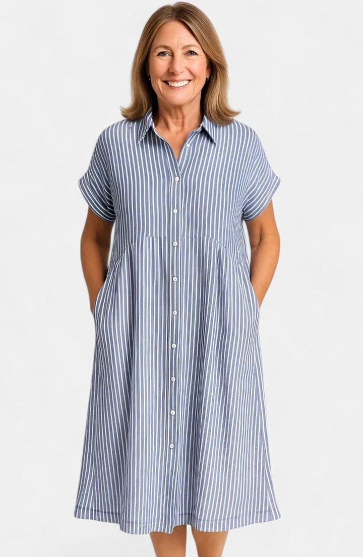 Women's Comfortable Striped Button-Down Midi Shirt Dress