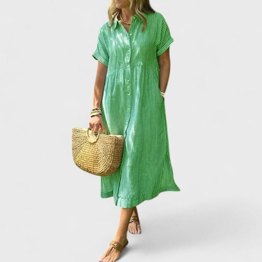 Women's Comfortable Striped Button-Down Midi Shirt Dress - Green
