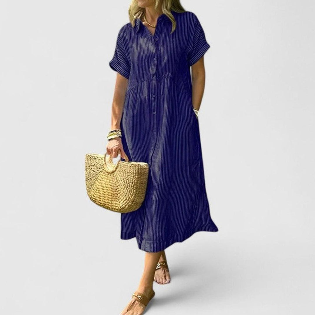 Women's Comfortable Striped Button-Down Midi Shirt Dress - Navy