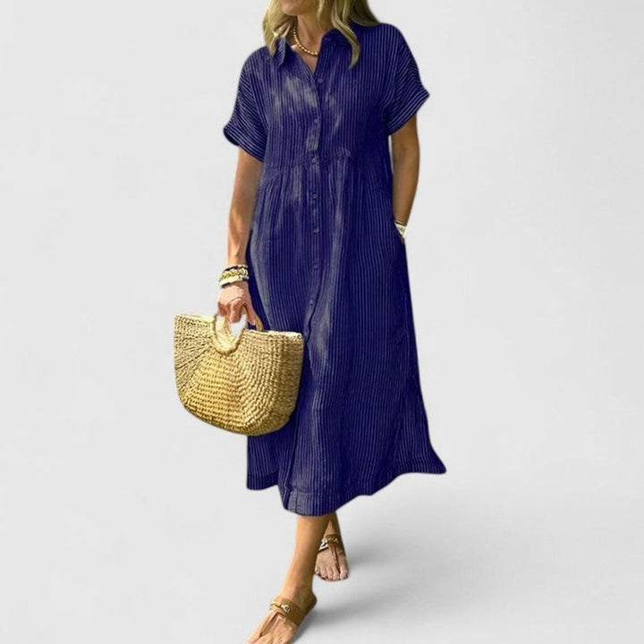 Women's Comfortable Striped Button-Down Midi Shirt Dress - Navy