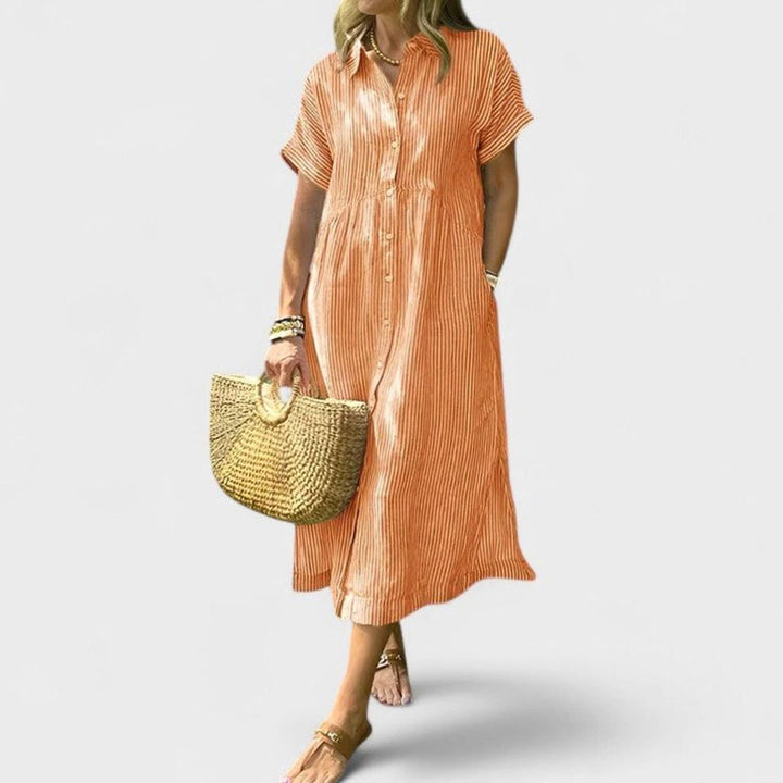 Women's Comfortable Striped Button-Down Midi Shirt Dress - Coral