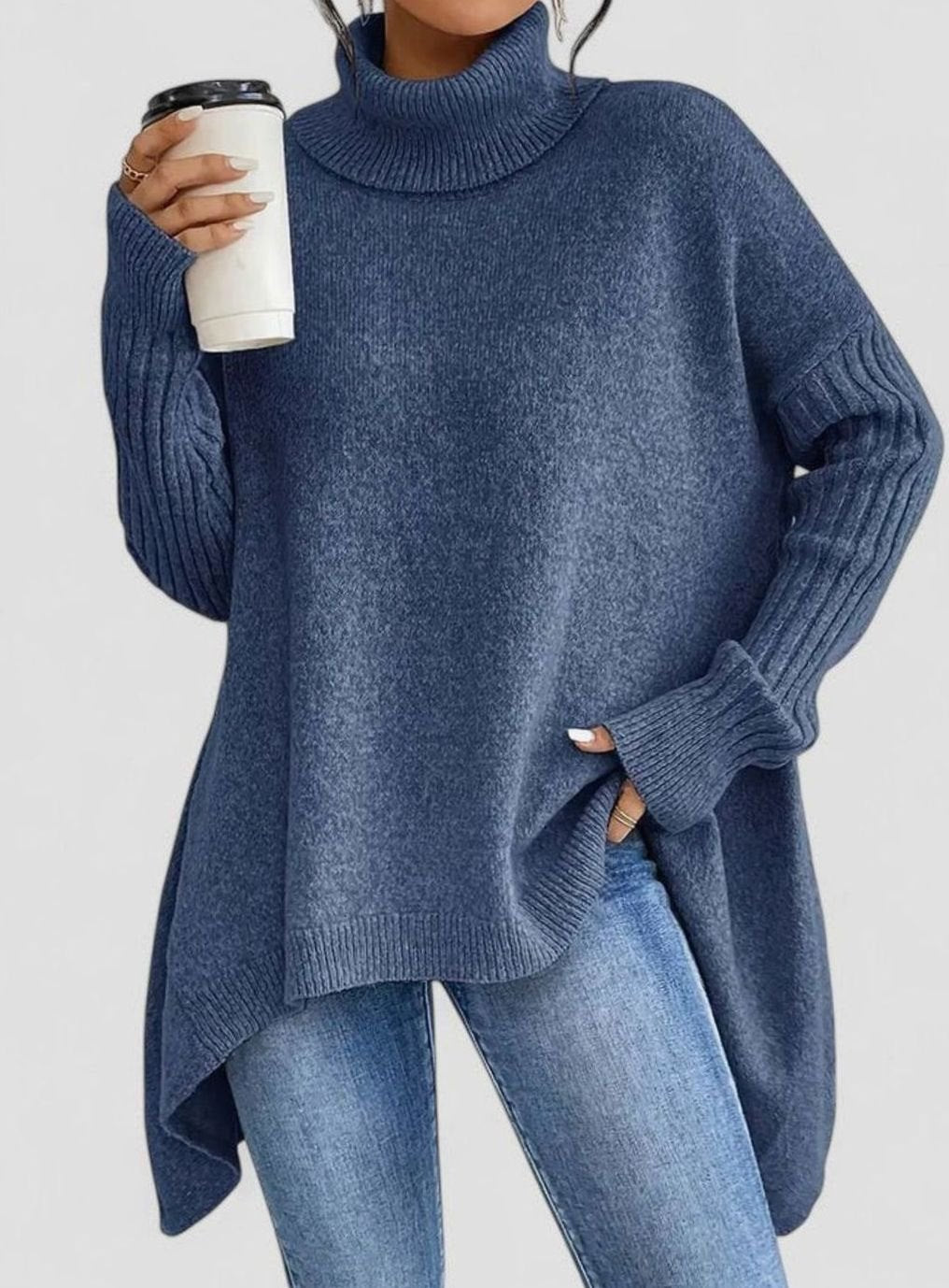 Women's Comfortable Turtleneck Oversized Side-Slit Sweater - Navy Blue