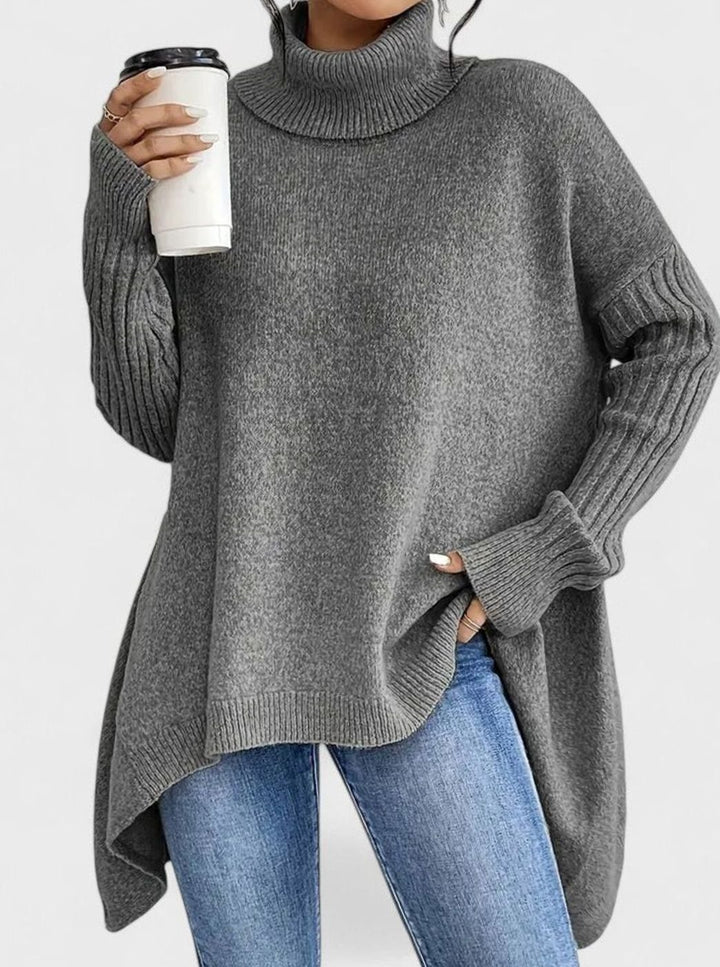Women's Comfortable Turtleneck Oversized Side-Slit Sweater - Gray