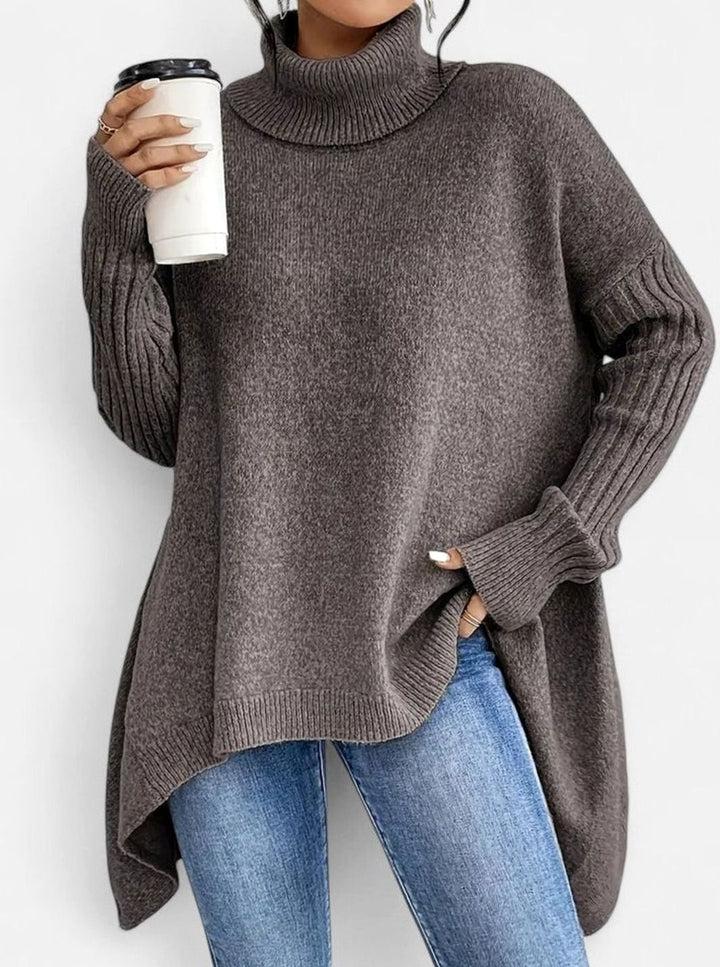 Women's Comfortable Turtleneck Oversized Side-Slit Sweater - Espresso Brown