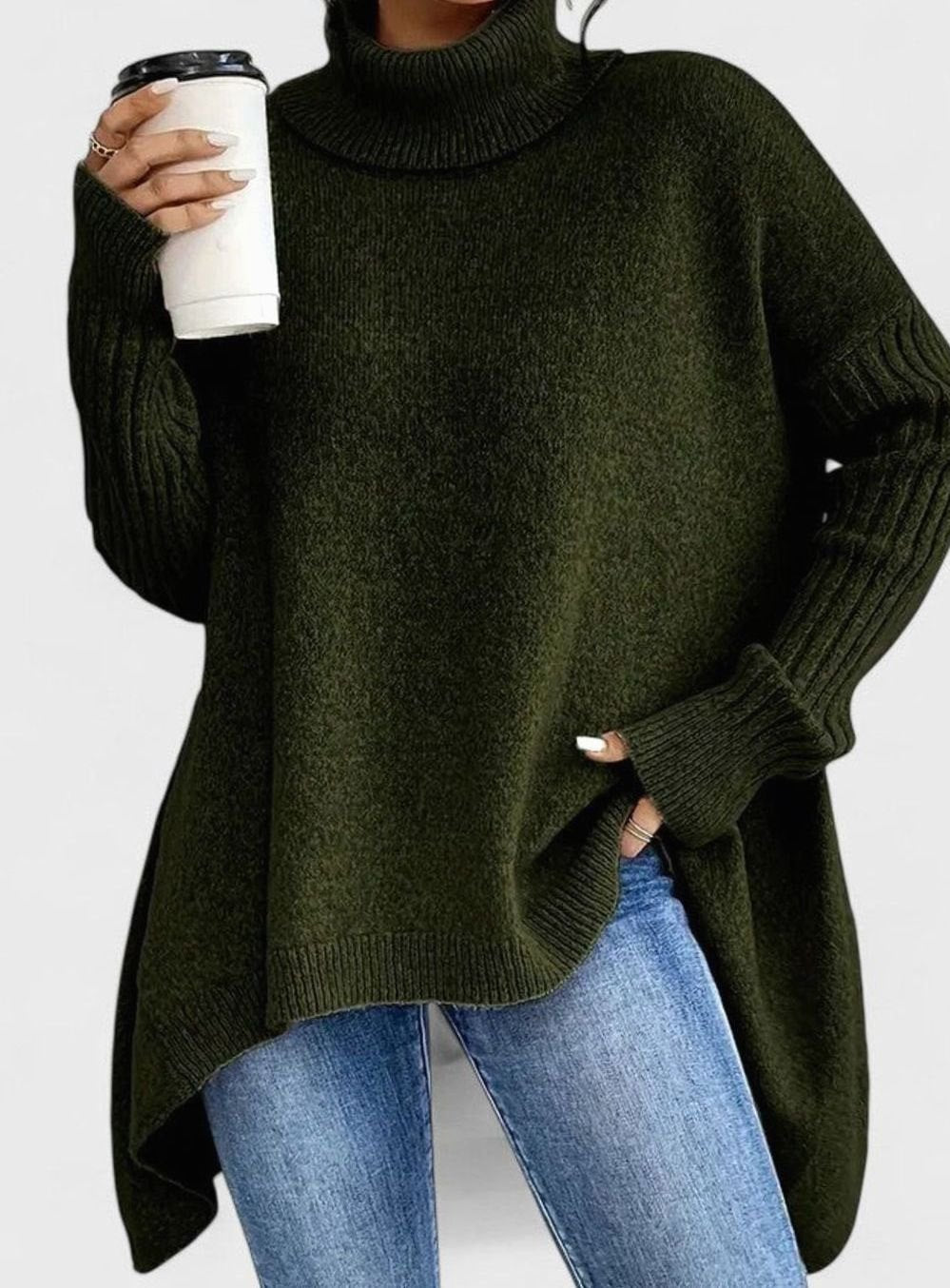 Women's Comfortable Turtleneck Oversized Side-Slit Sweater - Green