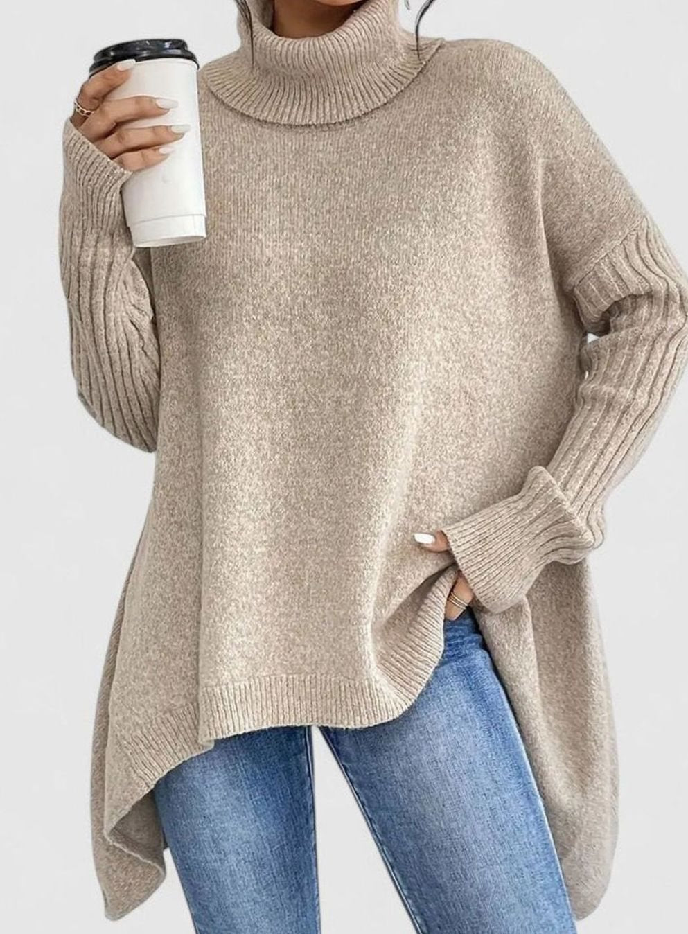 Women's Comfortable Turtleneck Oversized Side-Slit Sweater - Khaki