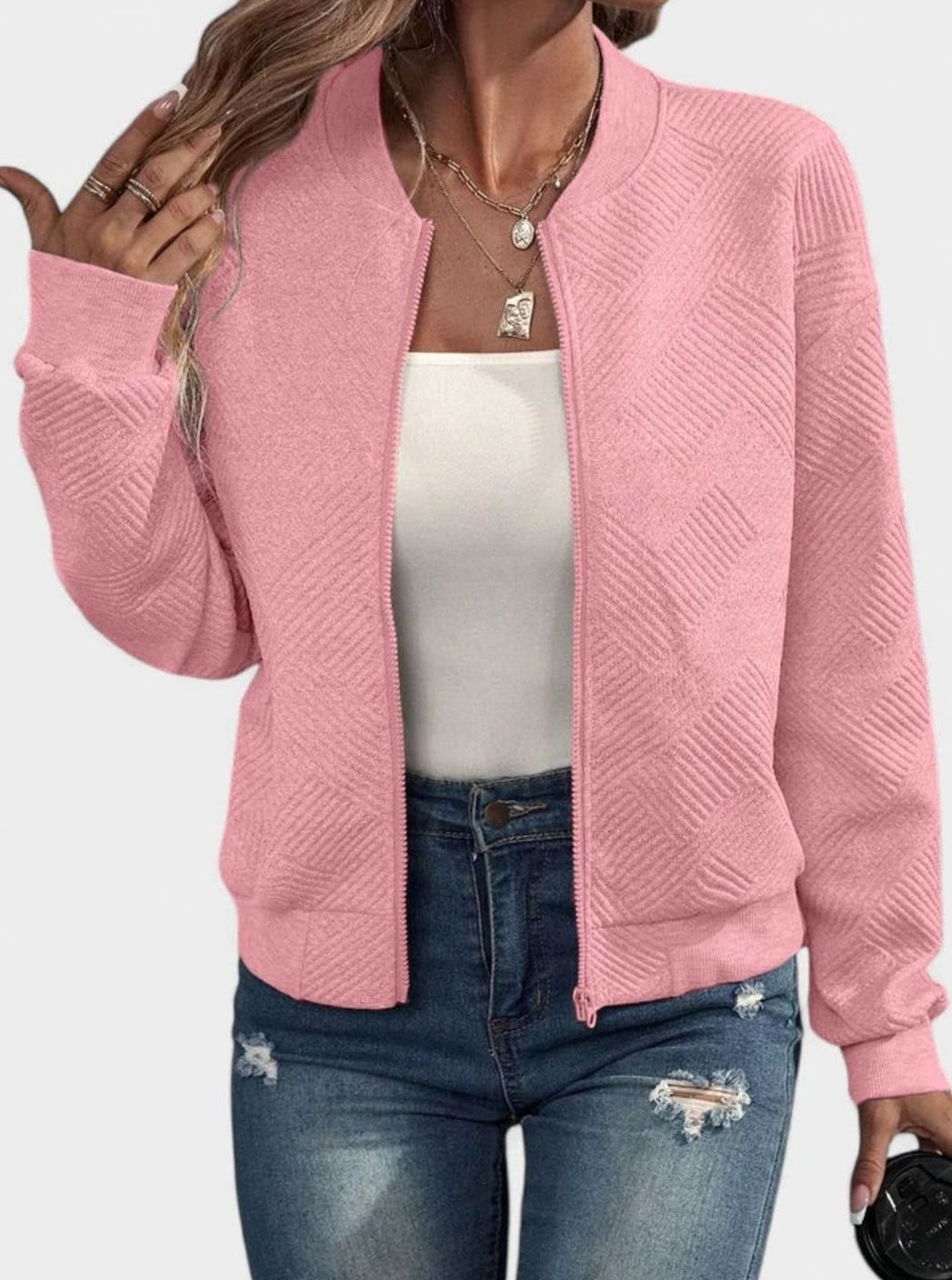Women's Comfortable Zip-Up Geometric-Texture Bomber Jacket - Pink