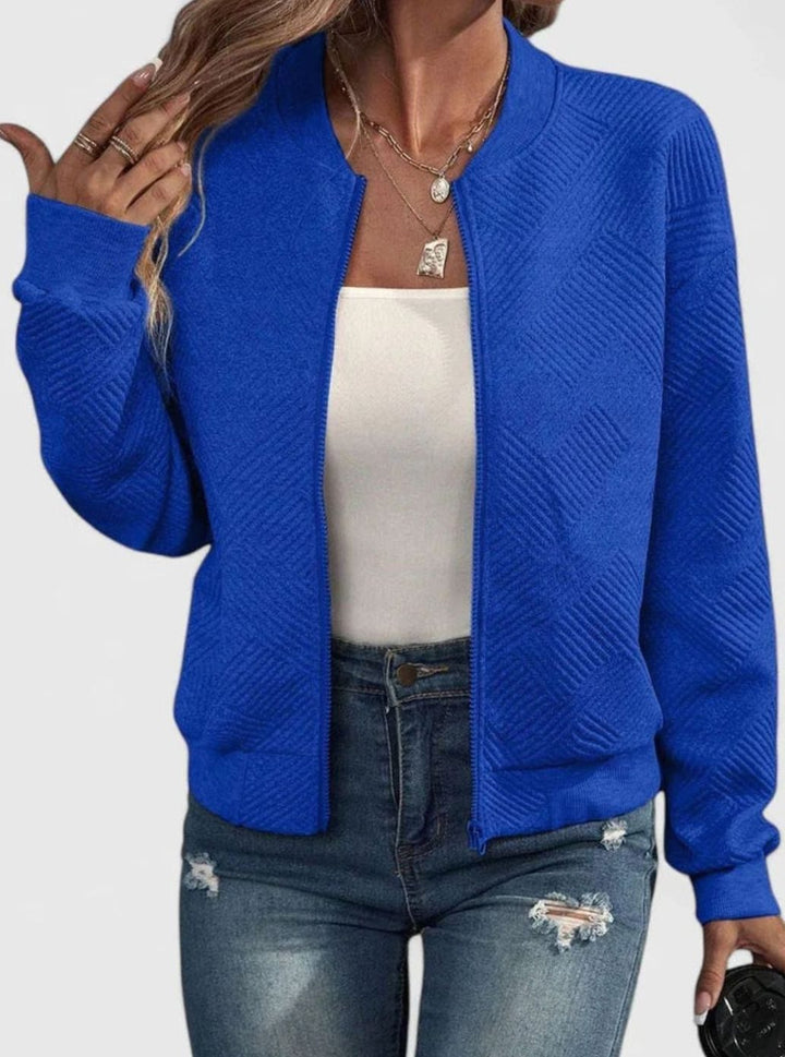 Women's Comfortable Zip-Up Geometric-Texture Bomber Jacket - Blue