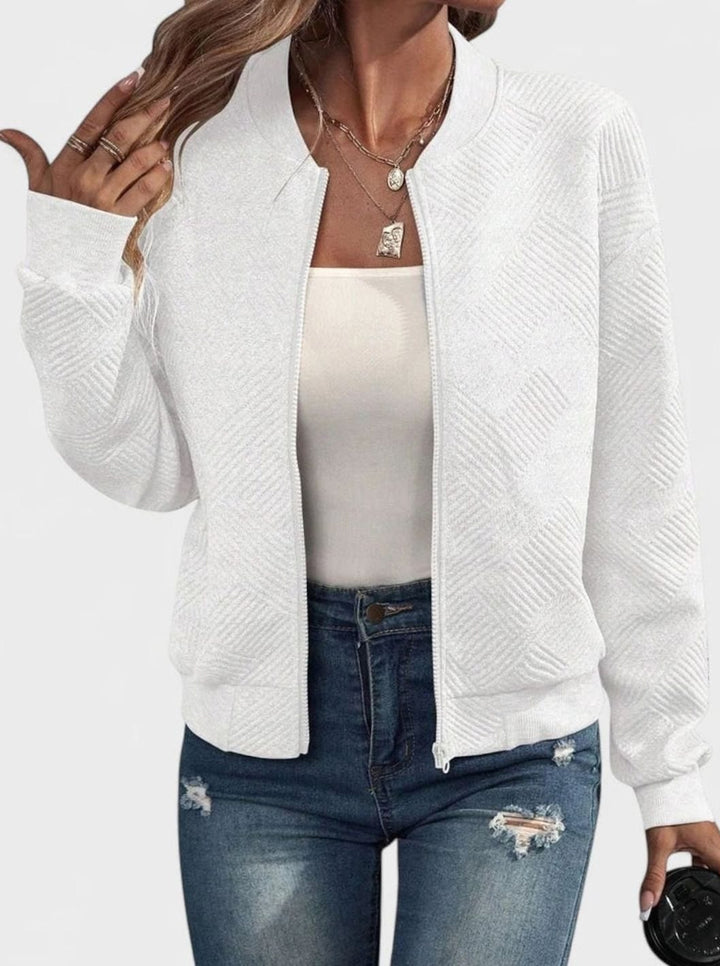 Women's Comfortable Zip-Up Geometric-Texture Bomber Jacket - White