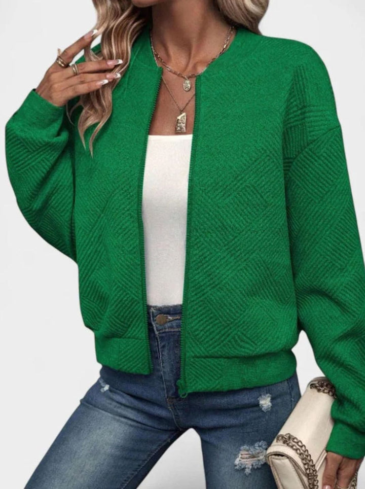 Women's Comfortable Zip-Up Geometric-Texture Bomber Jacket - Green