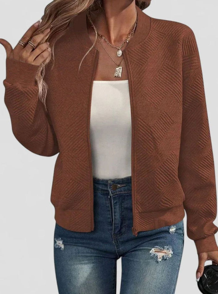 Women's Comfortable Zip-Up Geometric-Texture Bomber Jacket - Caramel Brown