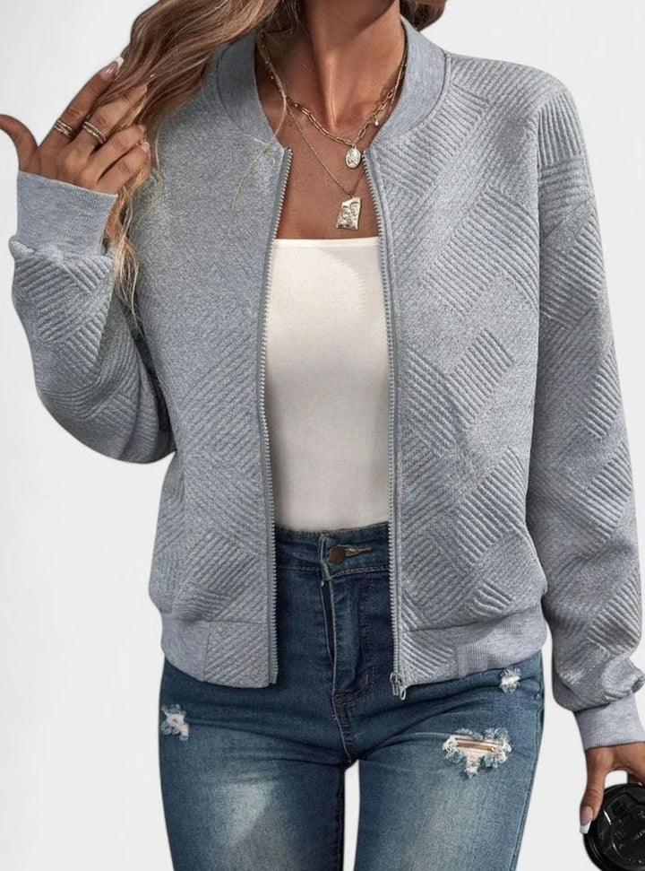 Women's Comfortable Zip-Up Geometric-Texture Bomber Jacket - Gray