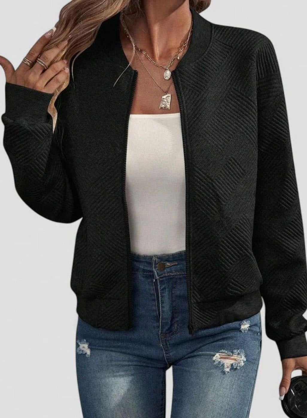 Women's Comfortable Zip-Up Geometric-Texture Bomber Jacket - Black