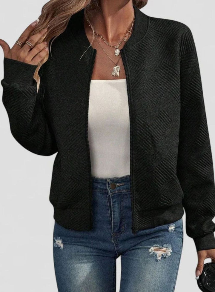 Women's Comfortable Zip-Up Geometric-Texture Bomber Jacket - Black