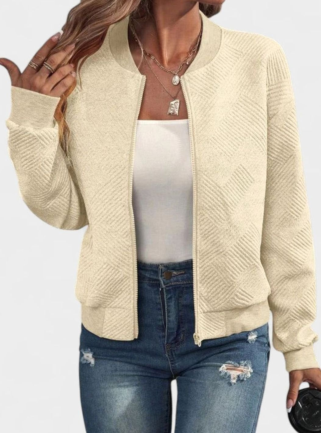 Women's Comfortable Zip-Up Geometric-Texture Bomber Jacket - Beige