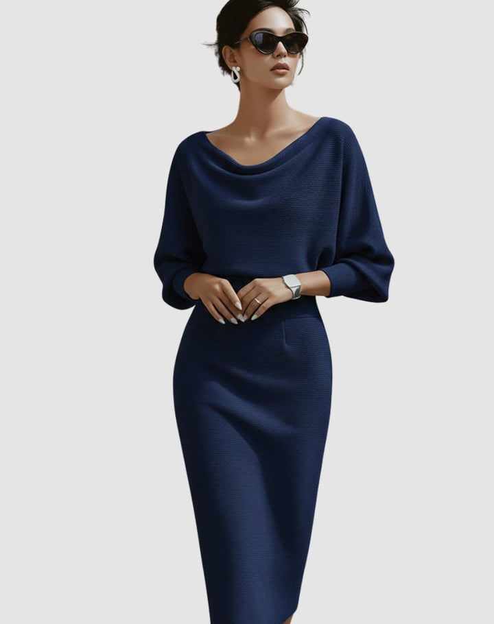 Women's Cowl Neck Batwing Sleeve Knit Pencil Midi Dress