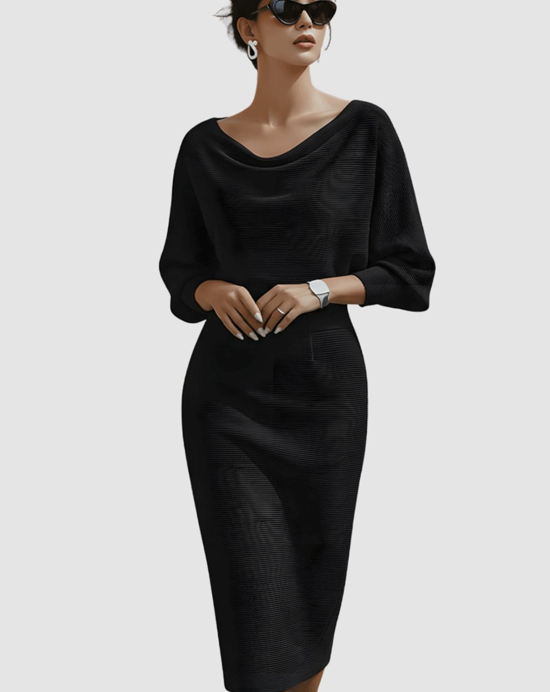 Women's Cowl Neck Batwing Sleeve Knit Pencil Midi Dress