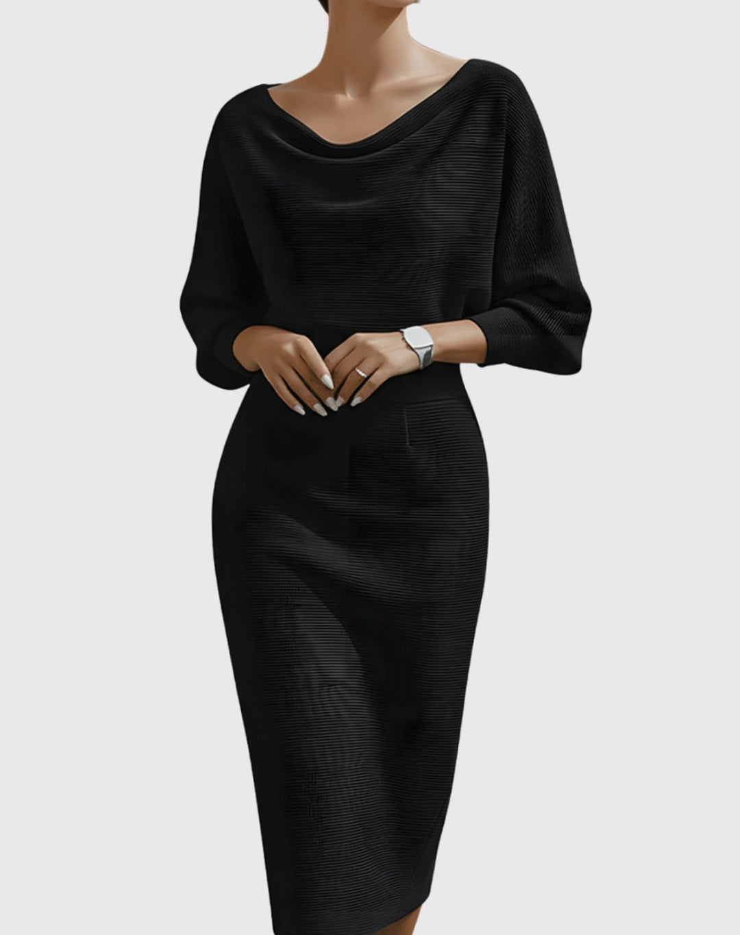 Women's Cowl Neck Batwing Sleeve Knit Pencil Midi Dress - Black