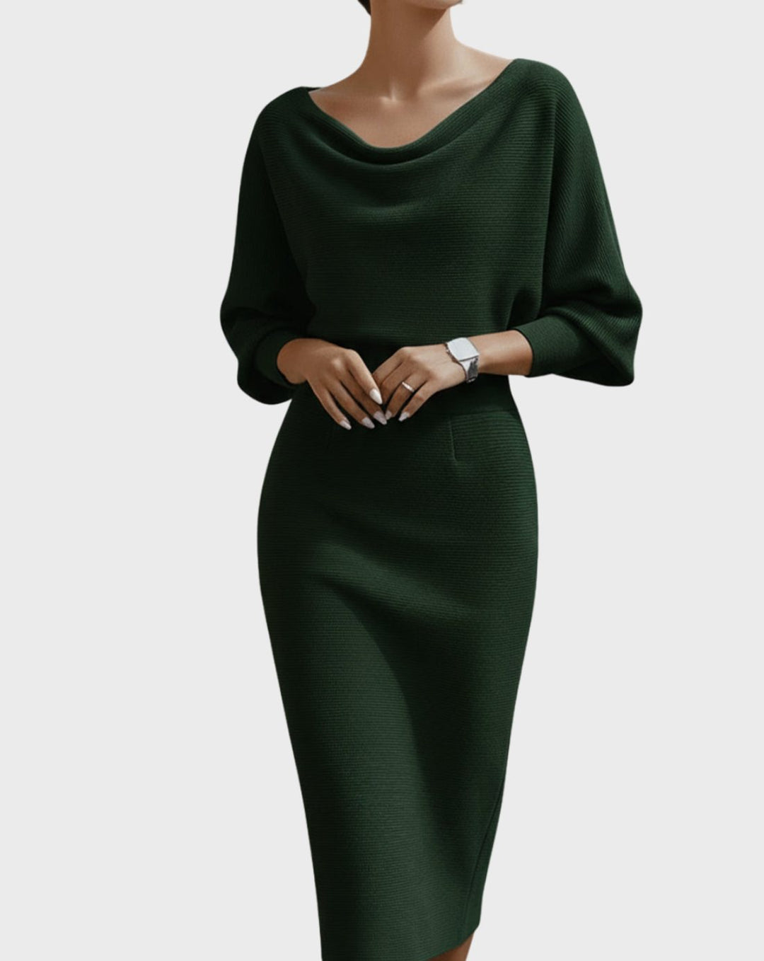 Women's Cowl Neck Batwing Sleeve Knit Pencil Midi Dress