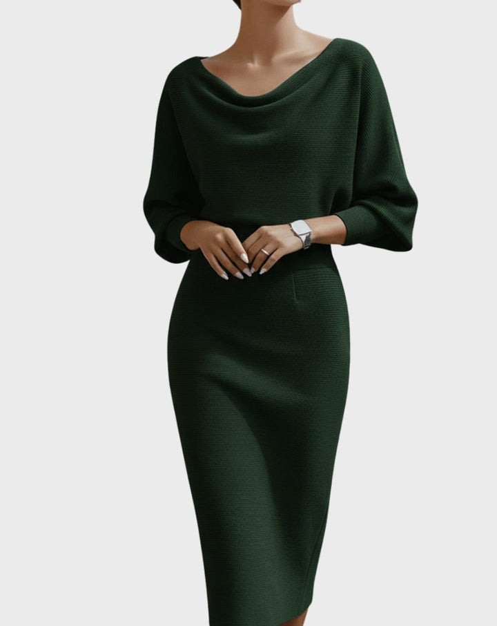 Women's Cowl Neck Batwing Sleeve Knit Pencil Midi Dress
