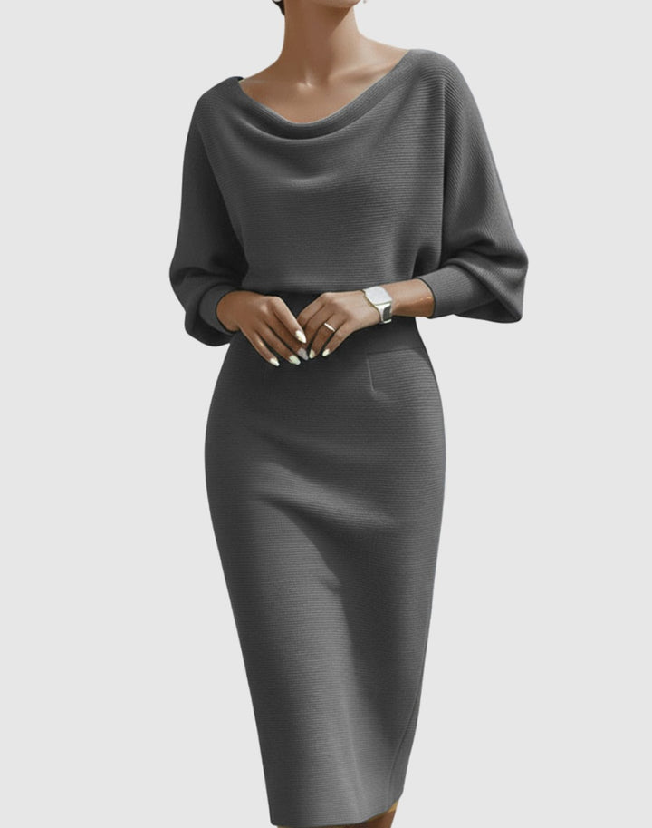 Women's Cowl Neck Batwing Sleeve Knit Pencil Midi Dress - Grey
